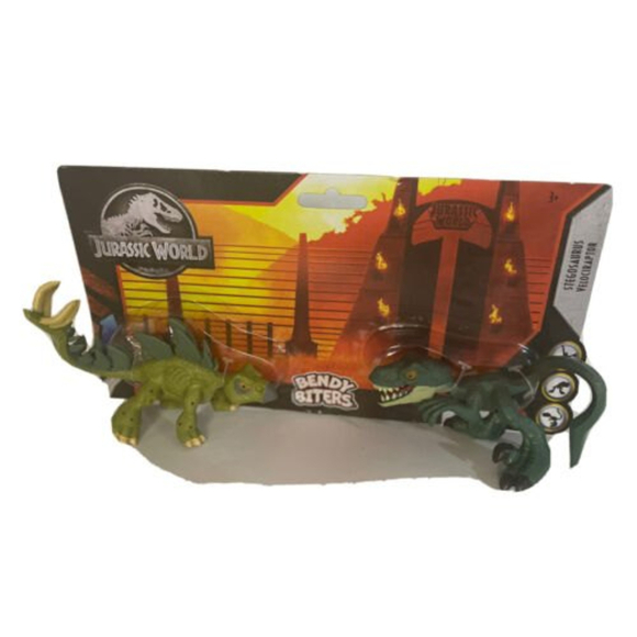 Jurassic World Bendy Biters Figures, Dinosaur 2-Pack, Stegosaurus, Velociraptor - Picture 2 of 12